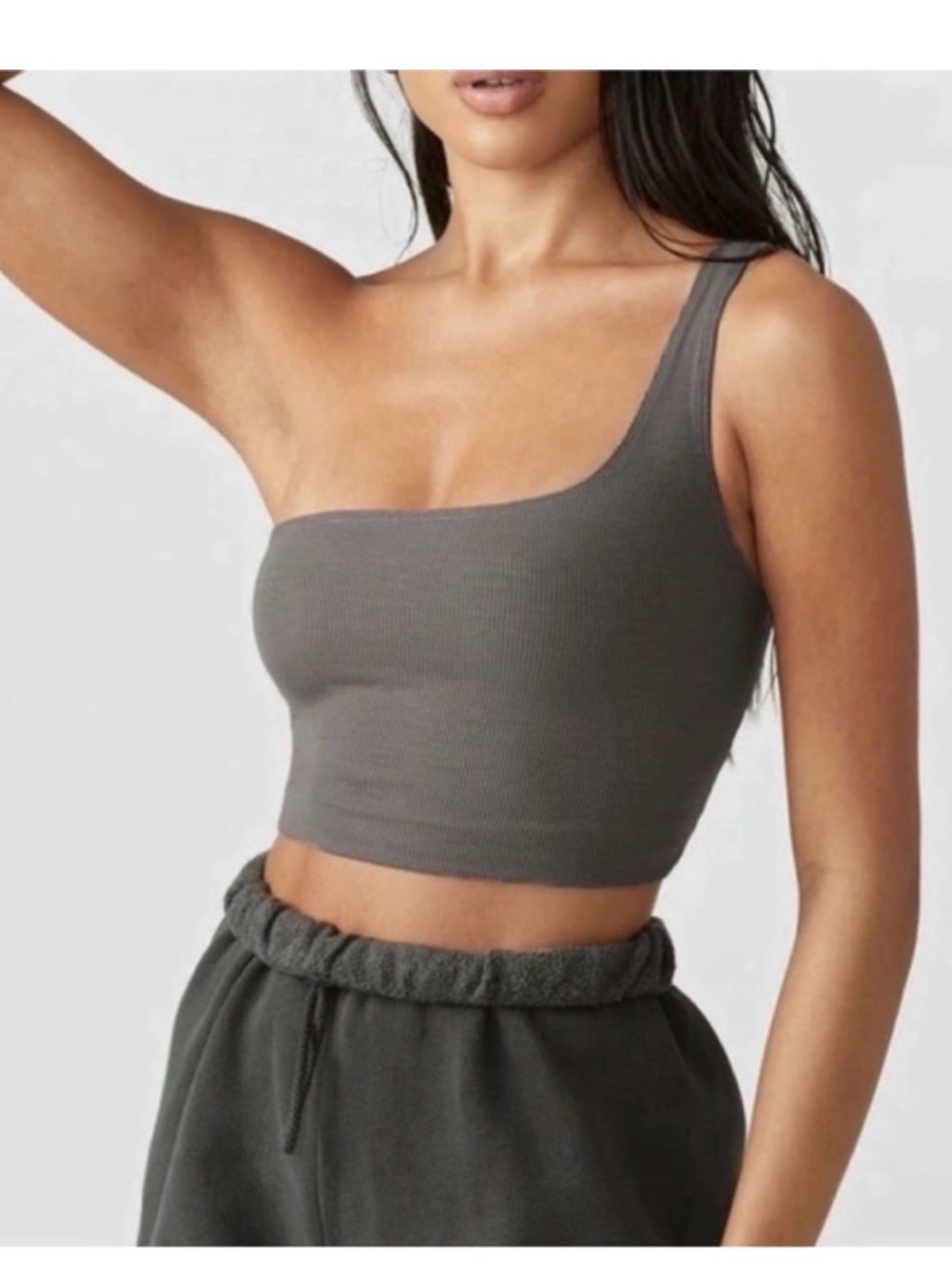 Joah Brown One-Shoulder Ribbed Crop Tank - Brown/Grey color. S/m